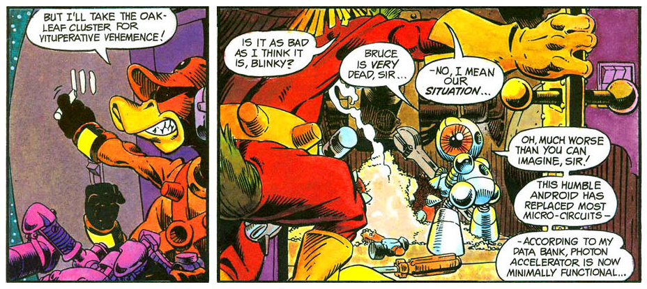 In the cartoon, Bruce gets sent across the universe. In the comic? He's just straight-up dead, Blinky don't lie.