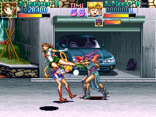 This is probably the single worst screenshot I took (I mean, you can hardly see anything) but I put it in solely to showcase that the little character portraits change when you're hit. Uh, Sailor Moon seems to be enjoying herself a little too much there...